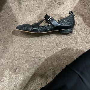 Valentino Black Glitter Pointed Mary Jane Flat with Studded Heel